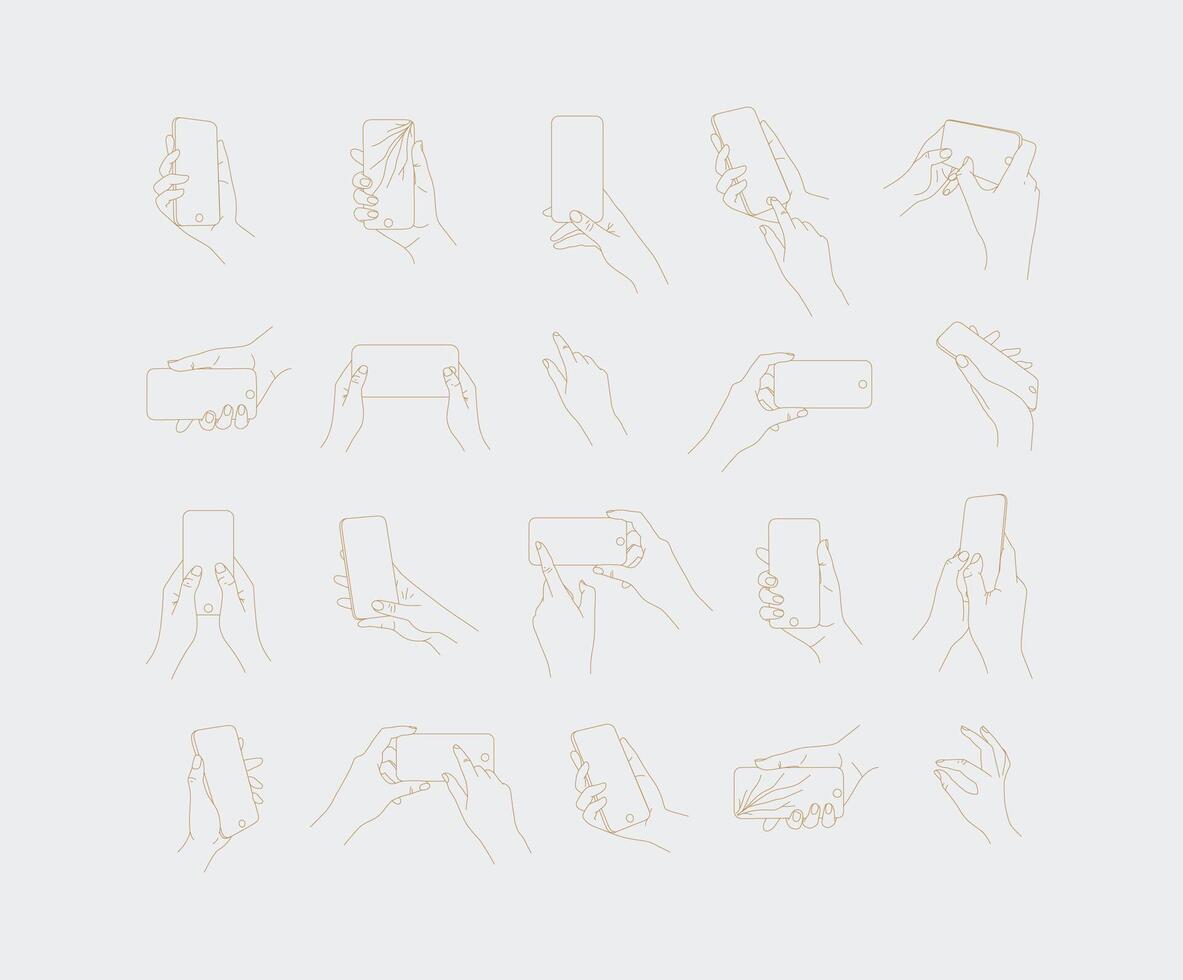 Set of hand phone in different positions and navigation drawing with thin lines on light background. vector