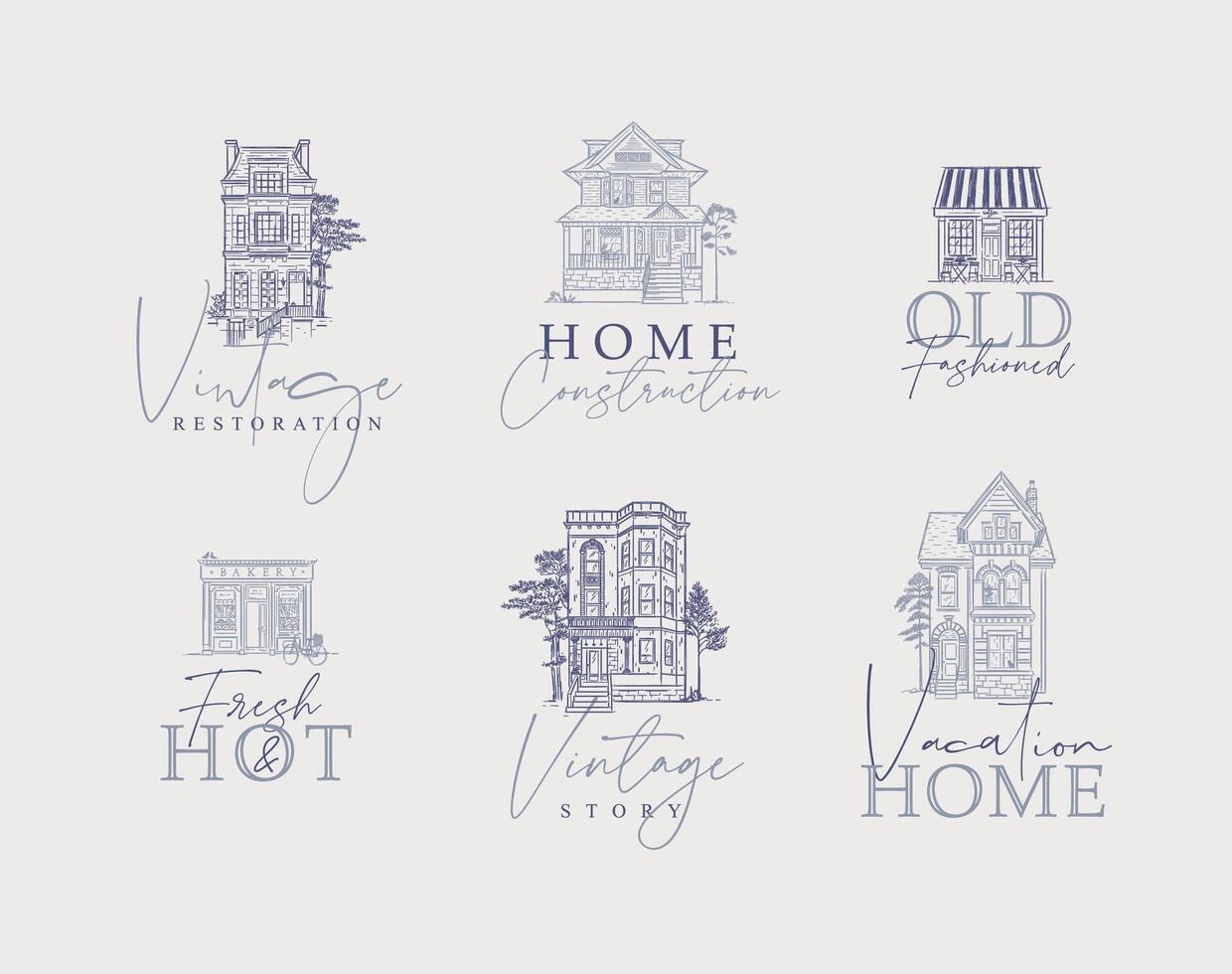 Victorian houses with lettering drawing in old fashioned vintage style on gray background. vector