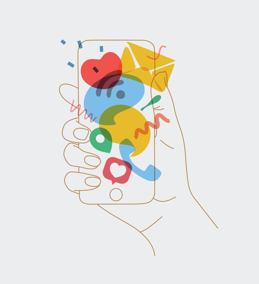 Phone in hand with colorful multitasking symbols drawing thin lines on white background vector