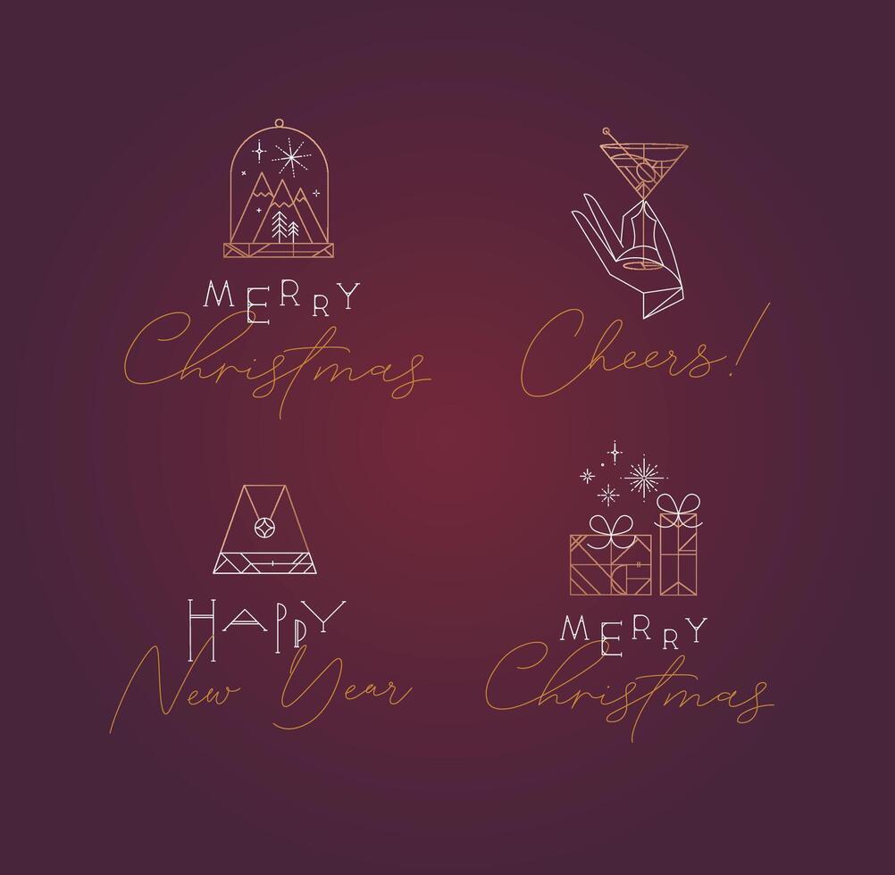 New Year and Christmas art deco labels with lettering drawing in modern vintage line style on red background vector