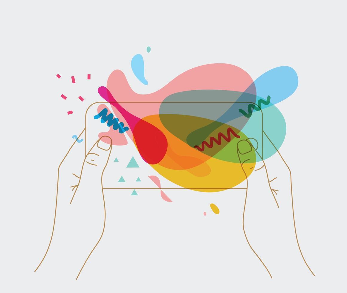 Phone in two hands interactive games with colorful splashes drawing thin lines on white background vector