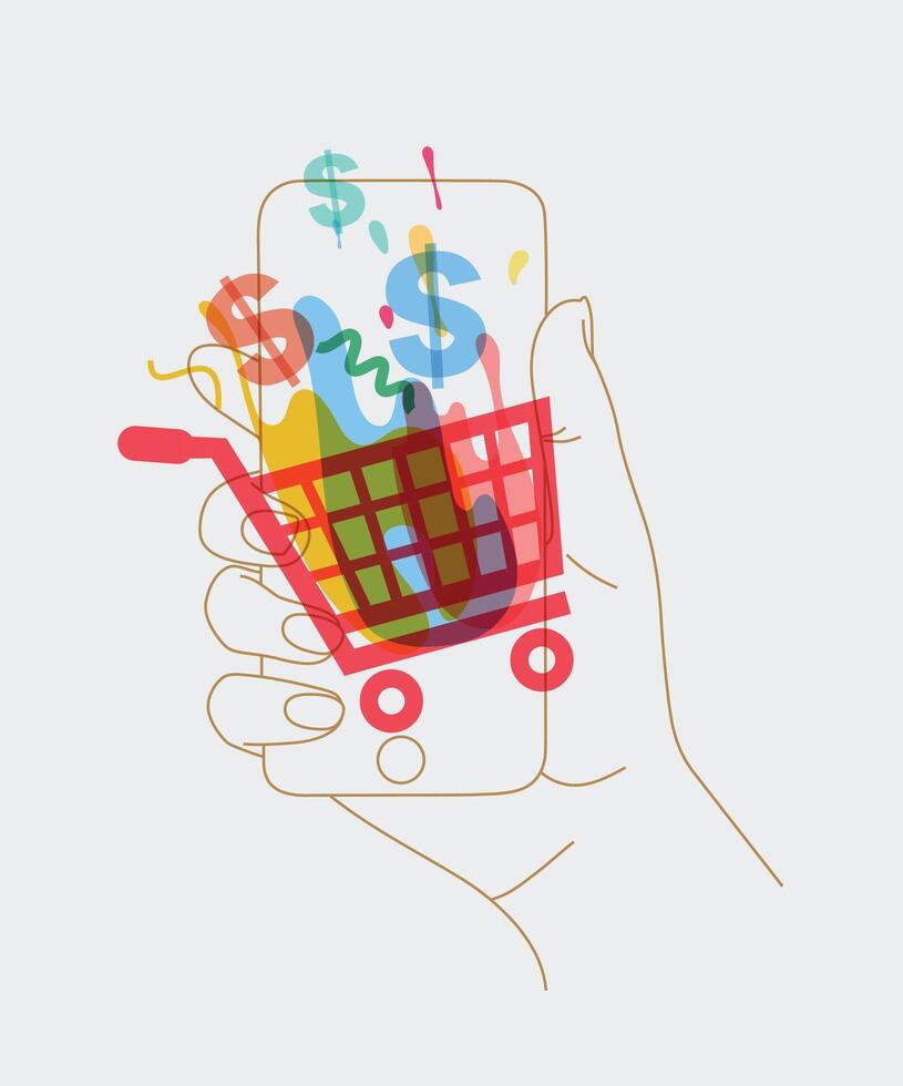 Phone in hand with online shopping symbols drawing thin lines on white background vector