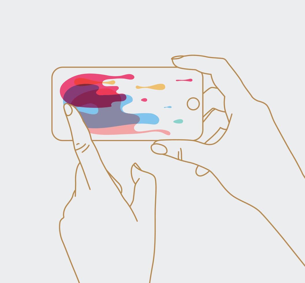 Phone in hands surfing internet drawing with thin lines on white background vector