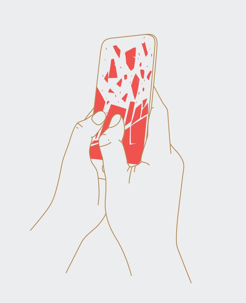 Phone breakdown in hands drawing with thin lines on white background vector
