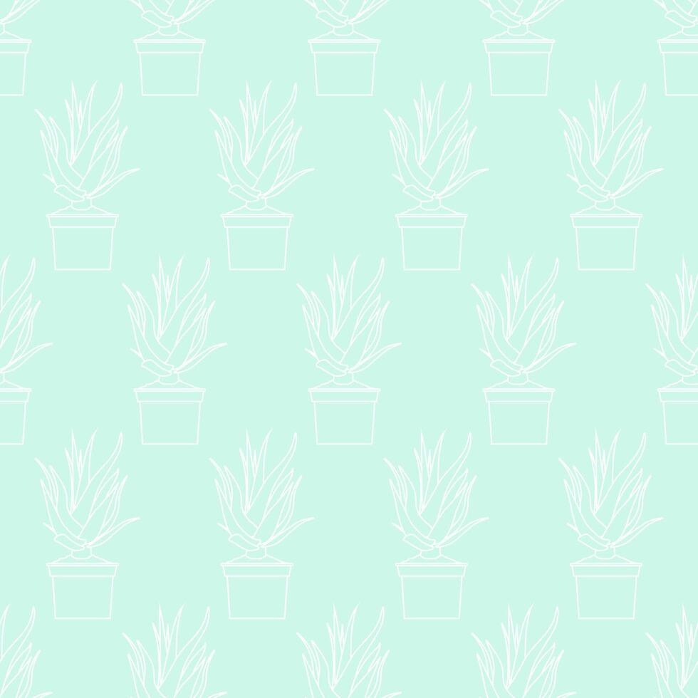 Blue seamless pattern of outline plants Aloe vera vector