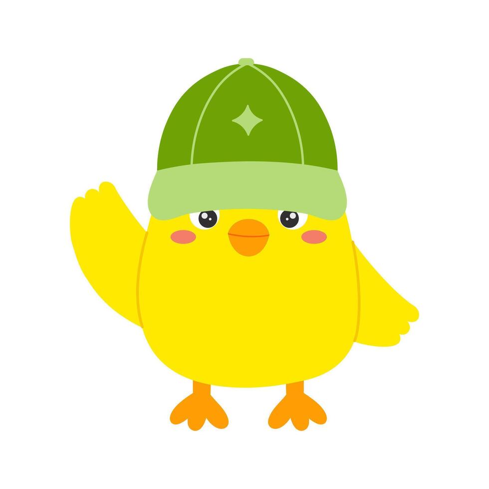 Cute friendly yellow chicken with green hat flaps wing on white background. Flat illustration vector