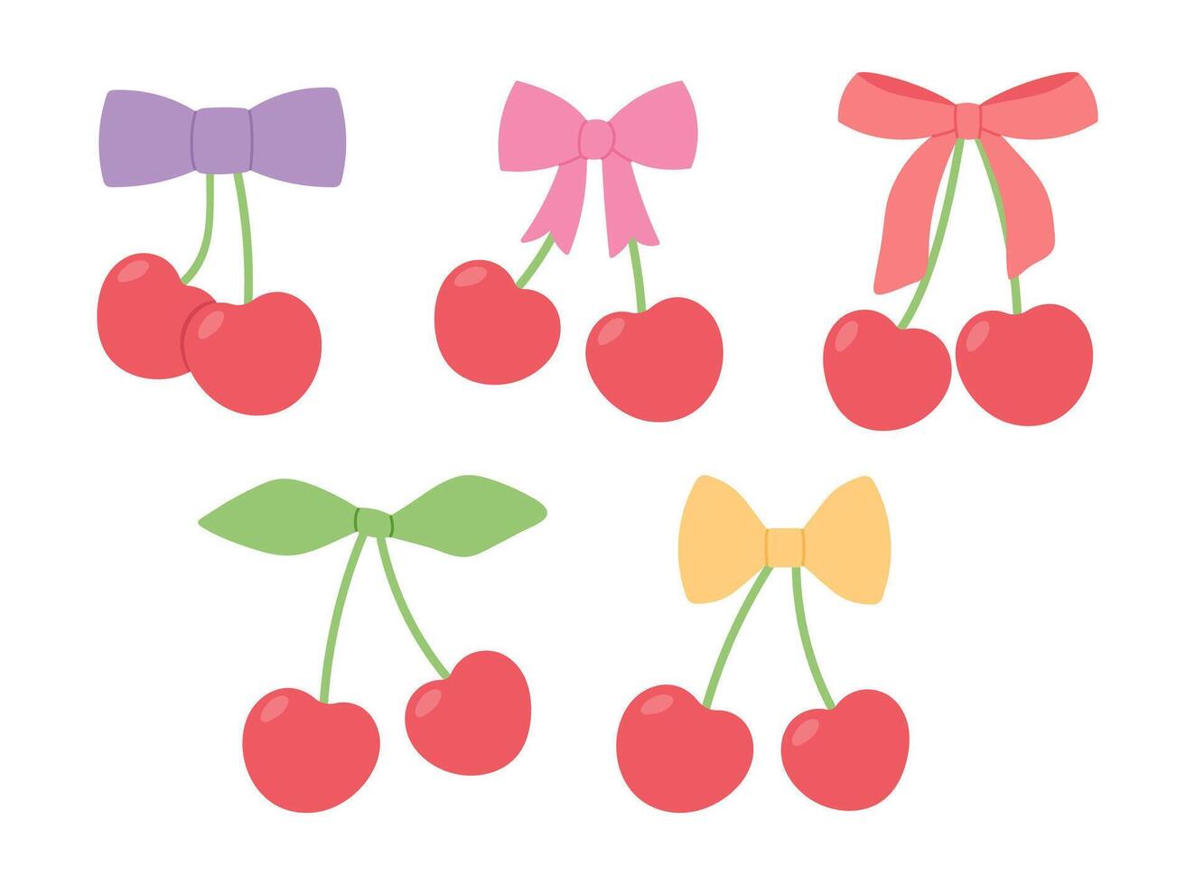 Set of red coquette cherry with colorful ribbon bow. Flat illustration vector