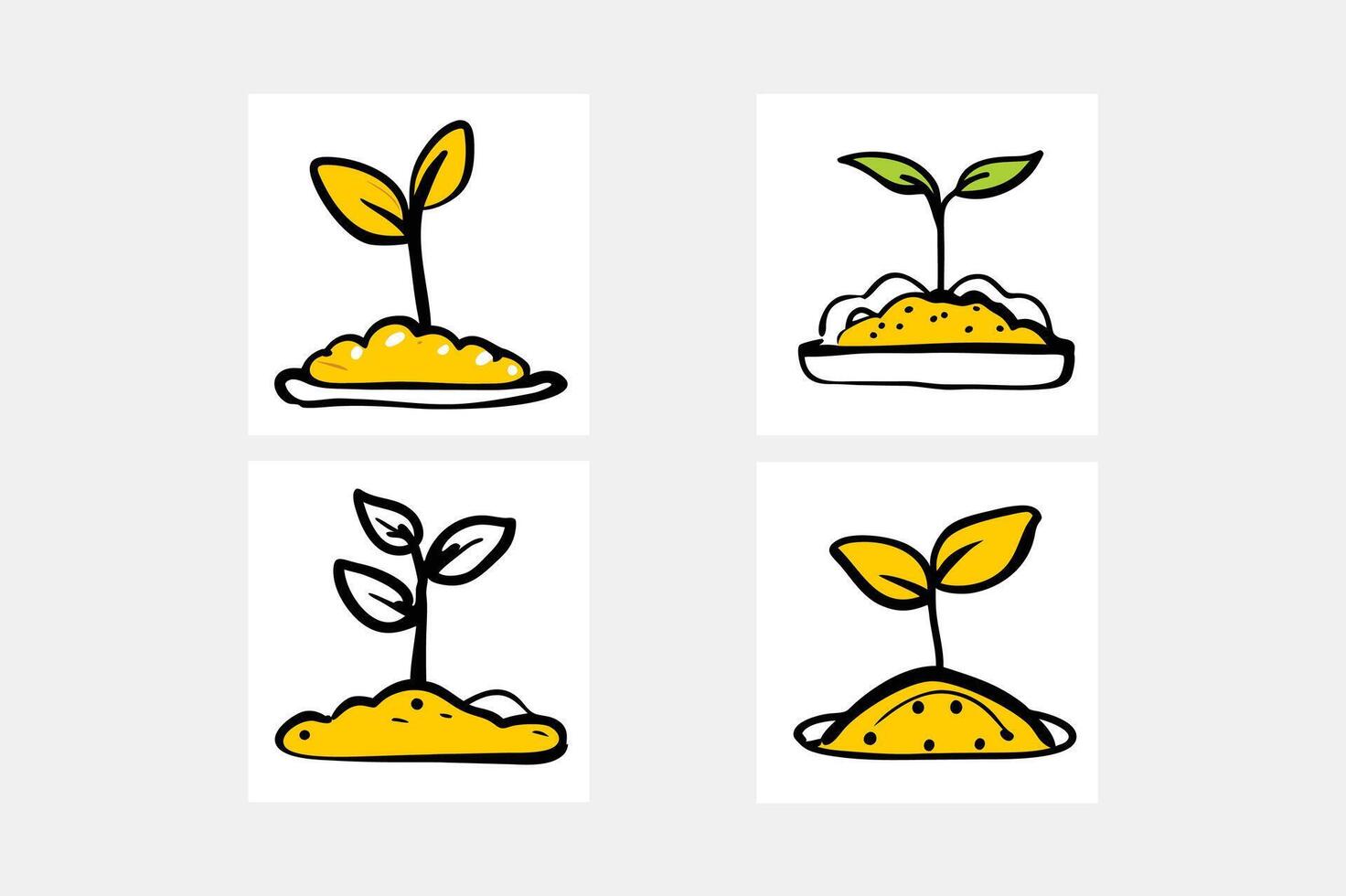 Saplings, Sprouts Growth Stages Drawings Set. Green Saplings Growing In Soil Isolated Cliparts Pack. vector