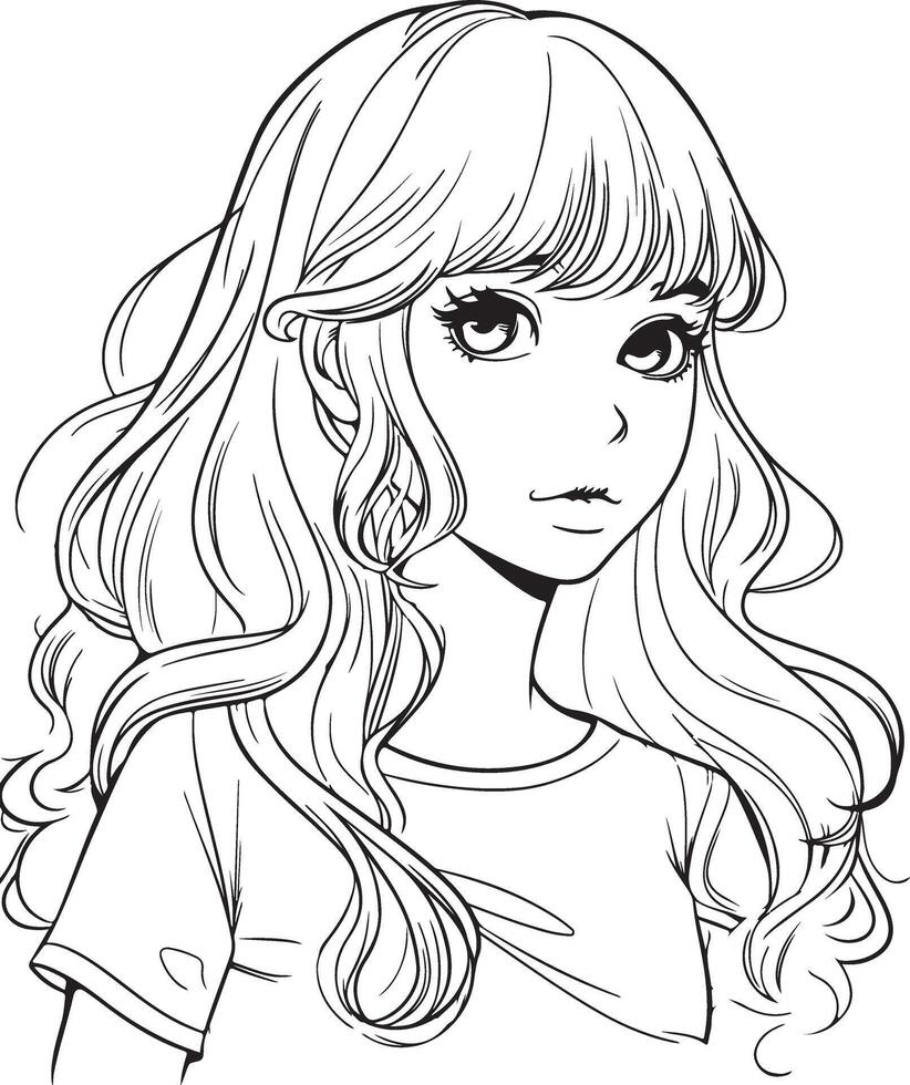 Beautiful Kawaii Anime Girl Coloring Page Outline Drawing for Kids, Teens, and Adults to Enjoy vector