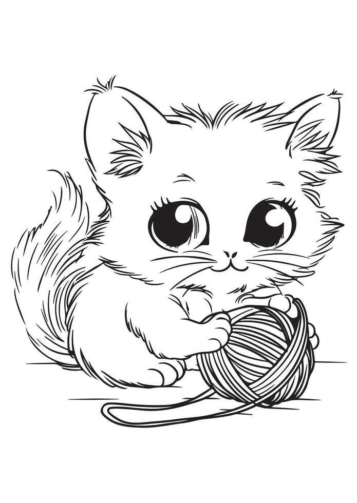 Cute Kawaii Fluffy Cat Playing with Yarn Ball Coloring Page Enjoyable and Relaxing Coloring Fun for Kids, Teens, and Adults Perfect for All Skill Levels vector