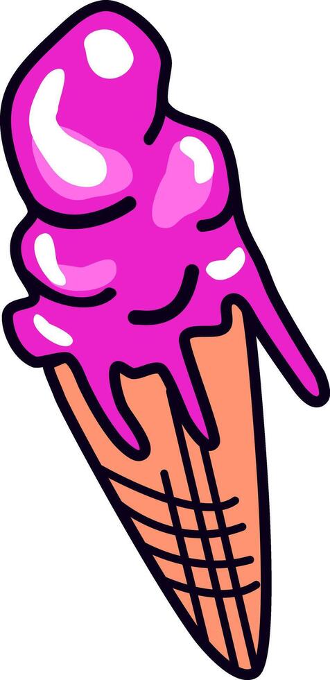 Melting pink ice cream balls in the waffle cone vector