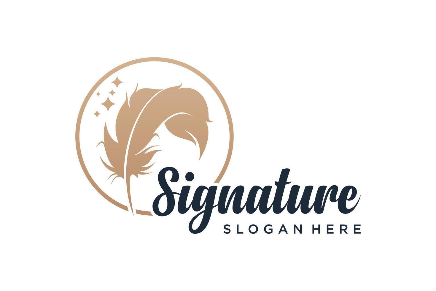 Quill pen signature logo design with golden color vector