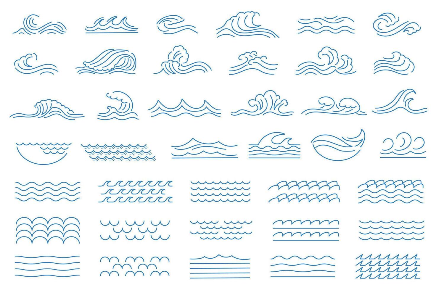 Water waves mega set elements in flat graphic design. Bundle objects of blue lines contours of aqua streams, ripple puddles shapes, swirl fountain forms, pouring fluid curves. illustration. vector
