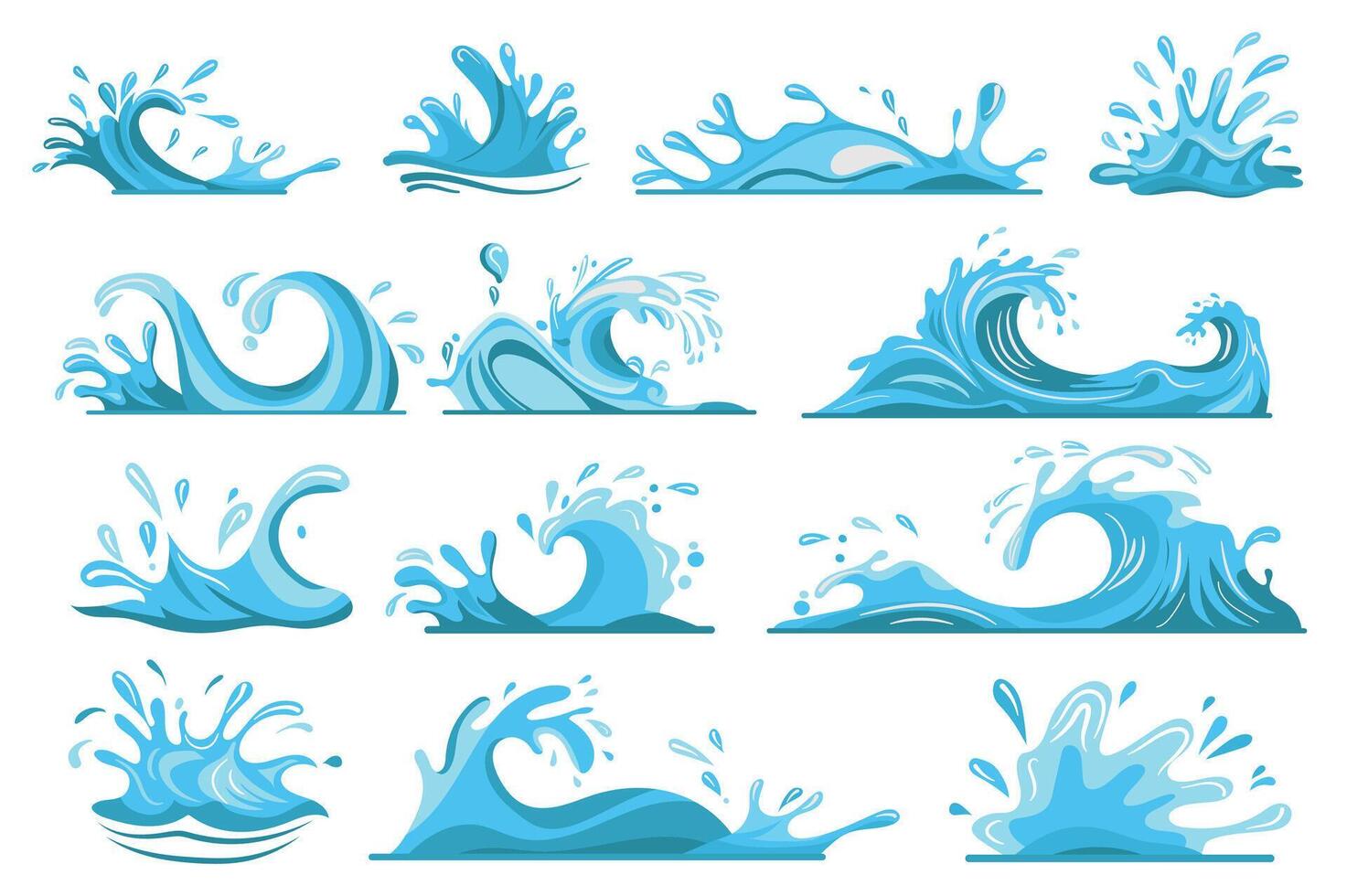 Water splash mega set elements in flat graphic design. Bundle objects of blue cartoon spraying and pouring waves, aqua streams with droplets, ripple puddles, swirl fountain forms. illustration. vector