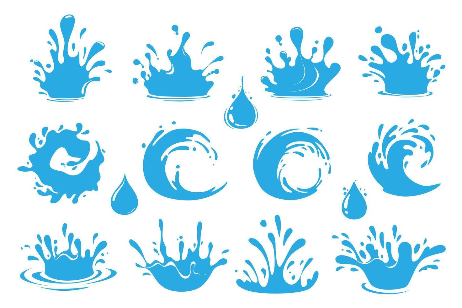 Water splash set elements in flat graphic design. Bundle objects of blue liquid flows and waves with falling droplets, clean aqua pouring, dynamic fluid flow in circle motion. illustration. vector