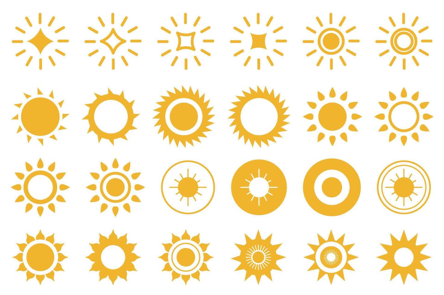 Sun and star mega set elements in flat graphic design. Bundle icons of yellow silhouette symbols of weather stickers, hot, light, sunlights and sunny bright in different shapes. illustration. vector