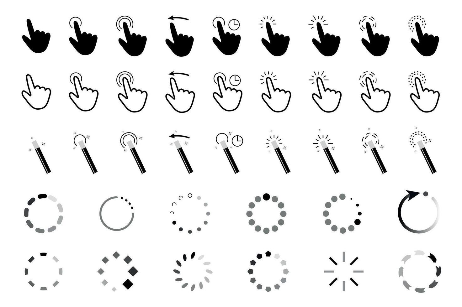Computer cursors mega set elements in flat graphic design. Bundle objects of navigation symbols, click finger hands, wands, circles and arrows for pointer, choice, downloading. illustration. vector