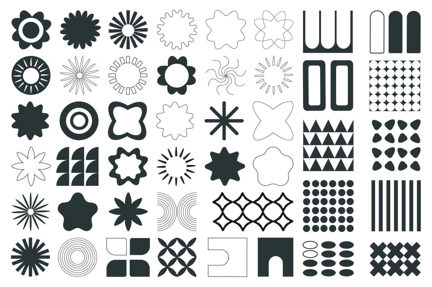 Brutalist geometric shapes mega set elements in flat graphic design. Bundle objects of simplicity symbols with flowers, suns, stars, circles, squares, grids, curves and other. illustration. vector