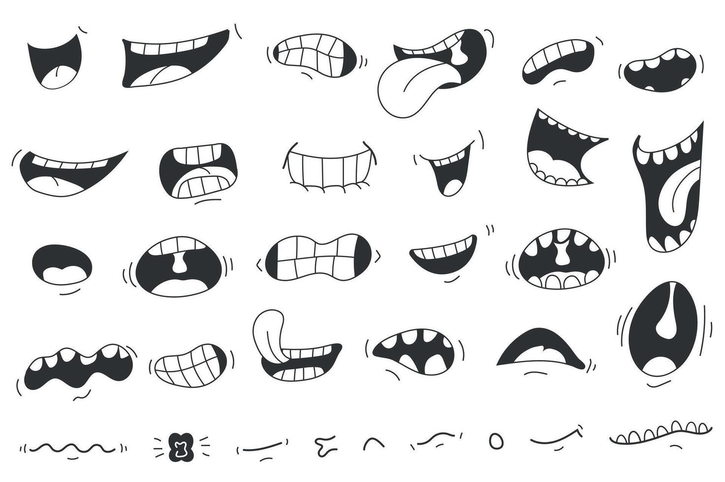 Smile mouths mega set elements in flat doodle graphic design. Bundle objects of open or closed mouths with tongues and teeth, with different emotions for funny caricature faces. illustration. vector