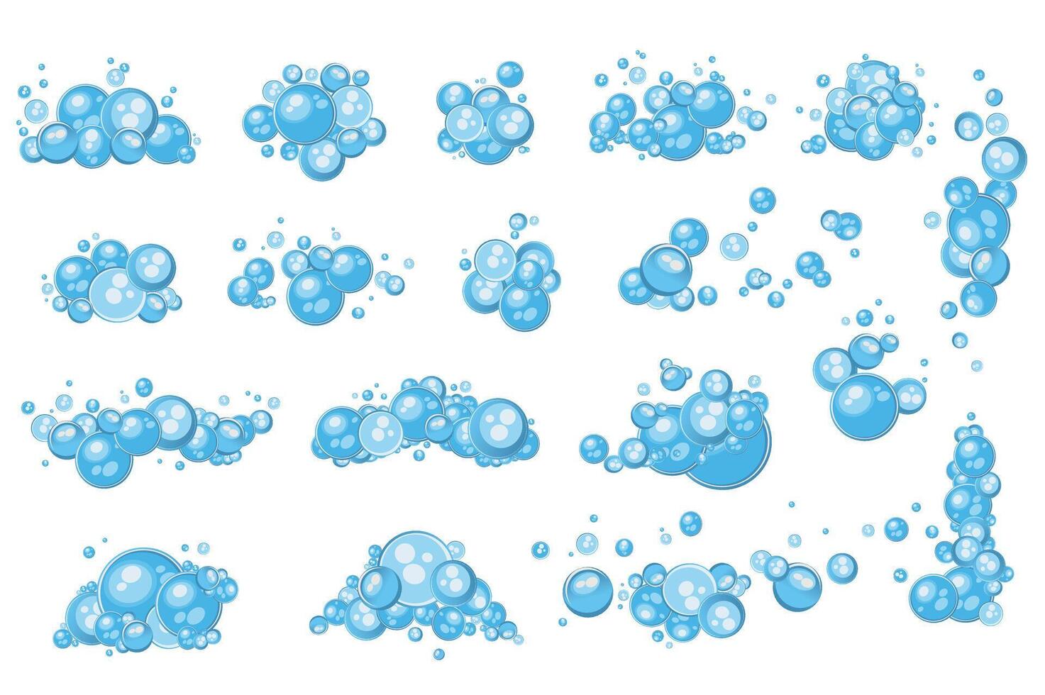 Blue soap bubbles mega set elements in flat graphic design. Bundle objects of different shape balls compositions with bath foams, foamy suds of shampoo or shower gel products. illustration. vector