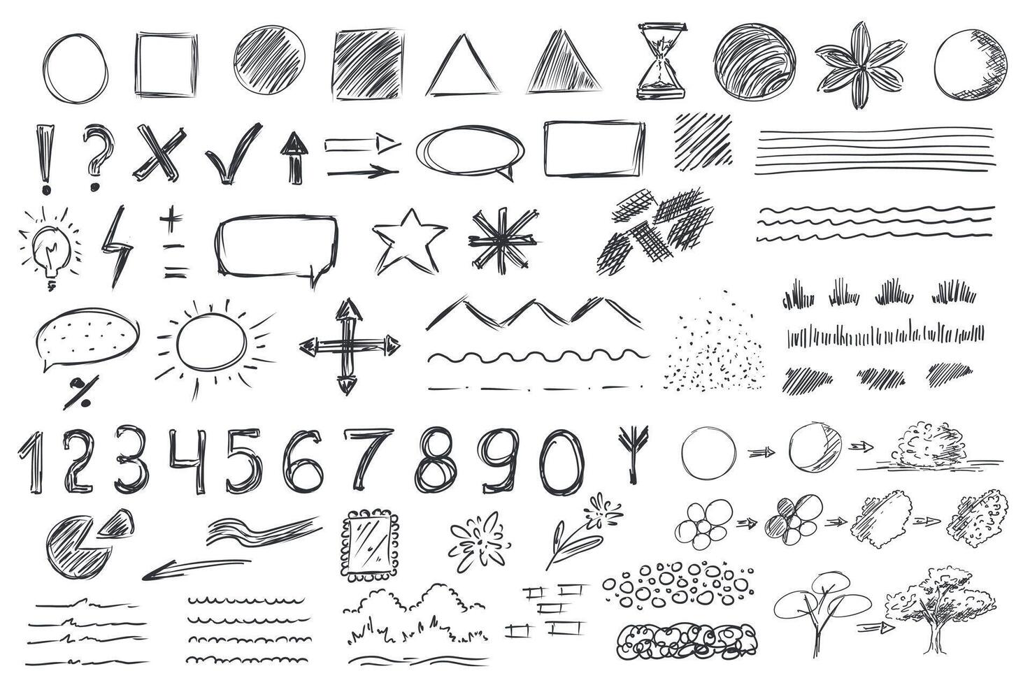 Geometric shapes mega set elements in hand drawn flat graphic design. Bundle objects of circles, squares, triangles, flowers, marks, cross, tick, arrows, speech bubble and other. illustration. vector