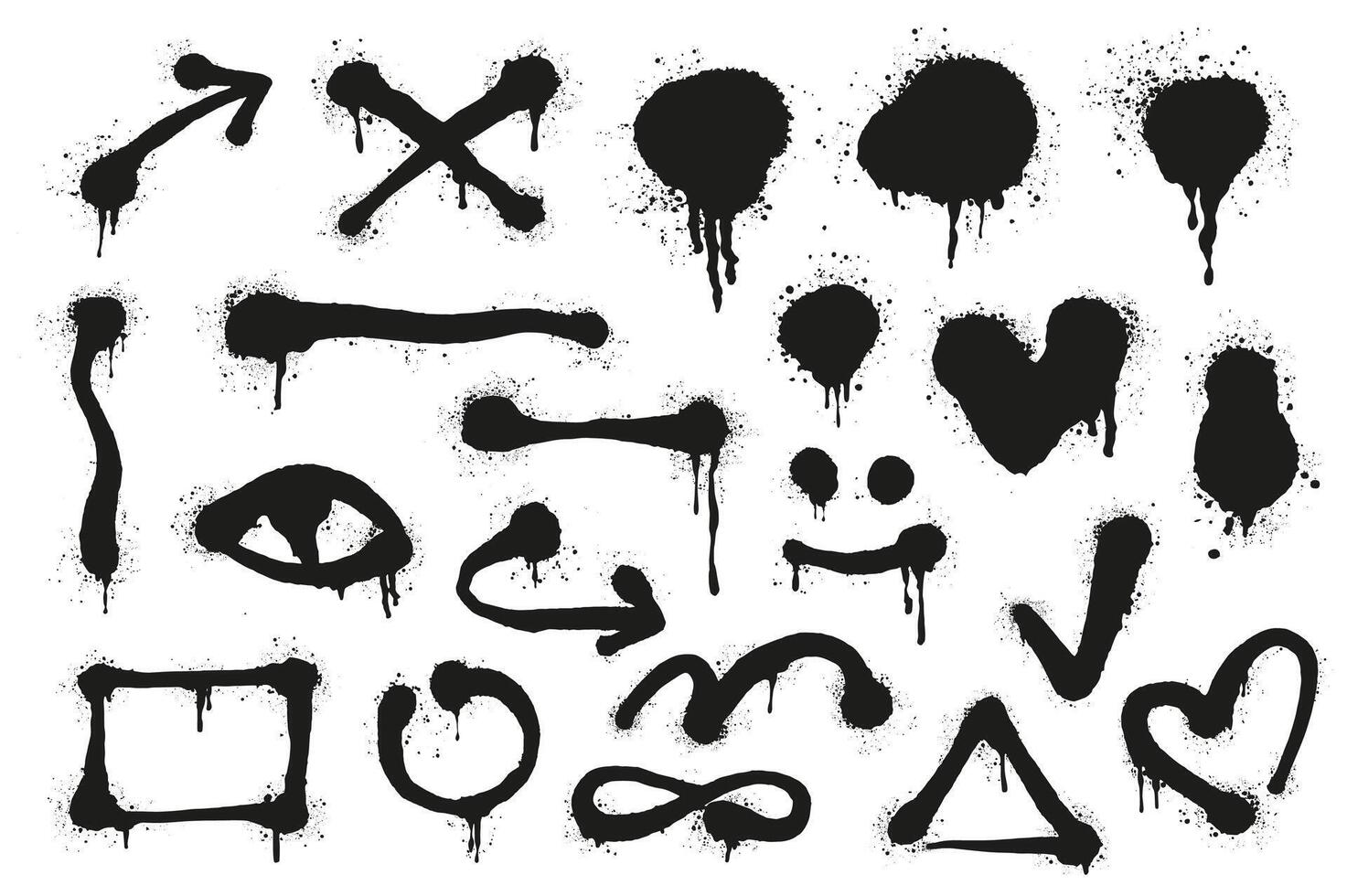 Graffiti spray lines set elements in flat graphic design. Bundle objects of grunge ink stain and drips in arrow, cross, heart, eye, square, triangle, circles and other symbols. illustration. vector