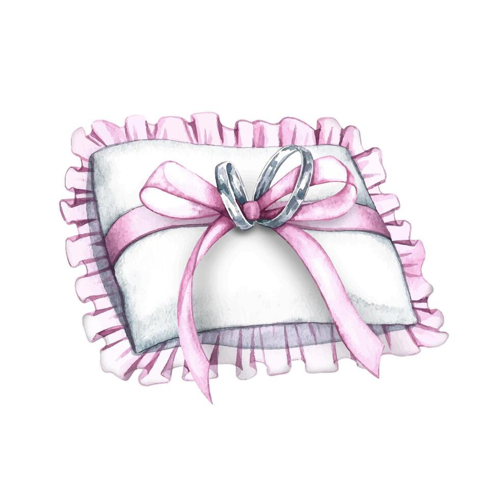An elegant pillow with wedding rings. Handmade watercolor illustration. A wedding attribute. An element of the design of invitation and greeting wedding cards in watercolor style. For banners. vector
