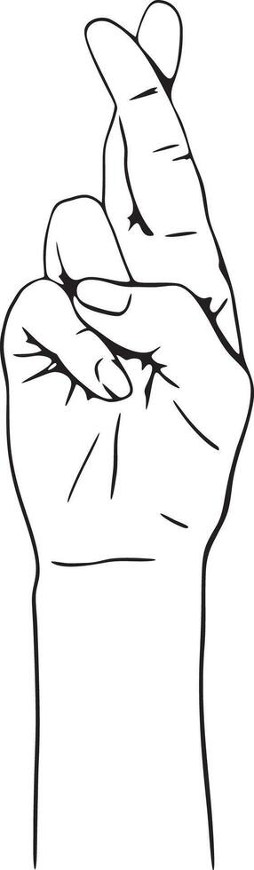 Crossed fingers hand gesture black and white illustration vector