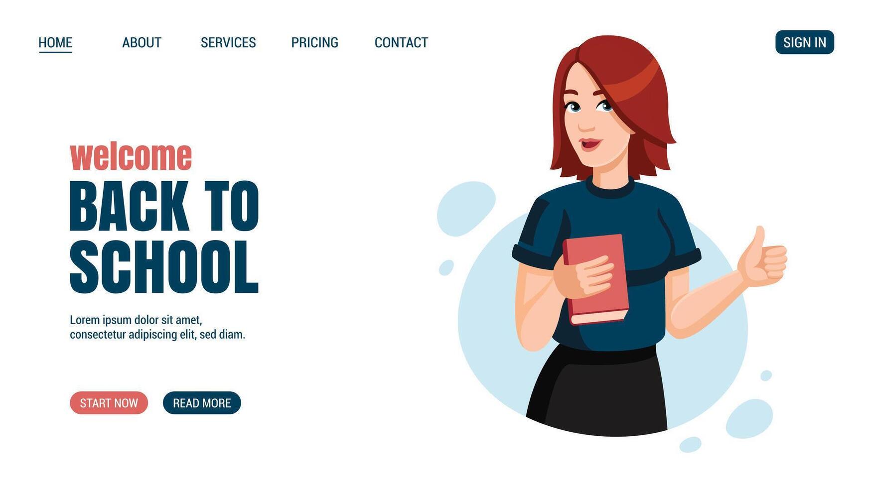 Young woman with book Shows thumbs up. Education, knowledge, student concept Website, web page design. illustration. Back too school concept vector