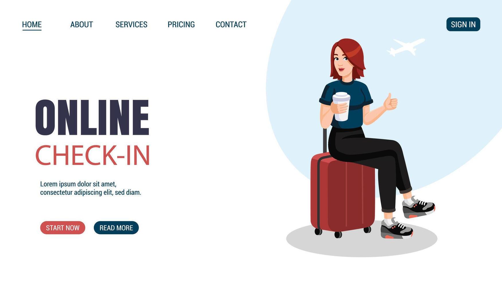 Young woman sitting on suitcase showing thumbs up. Flat design, cartoon style. illustration. Online check in concept website, web page design. Airplane Tickets sale vector