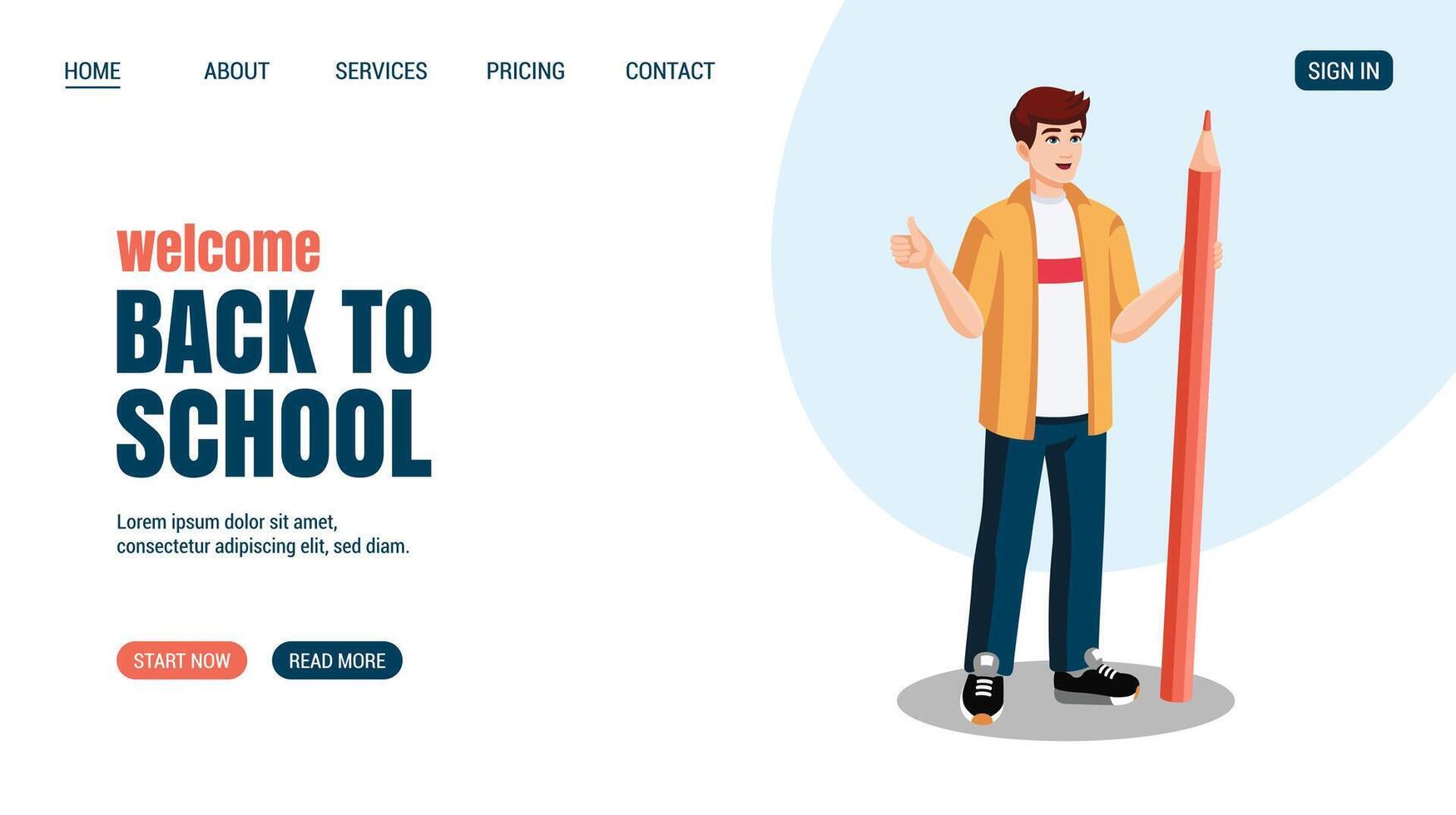 Young man with huge pencil Shows thumbs up. Education, knowledge, student concept Flyer design. illustration. Training concept website, web page design. Time to study vector