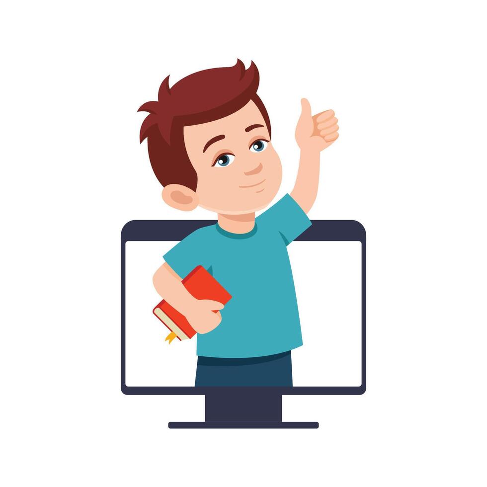 Happy Little boy with book Shows thumbs up from computer monitor. Website, web page illustration. flat illustration cartoon style. Online education, courses concept. vector