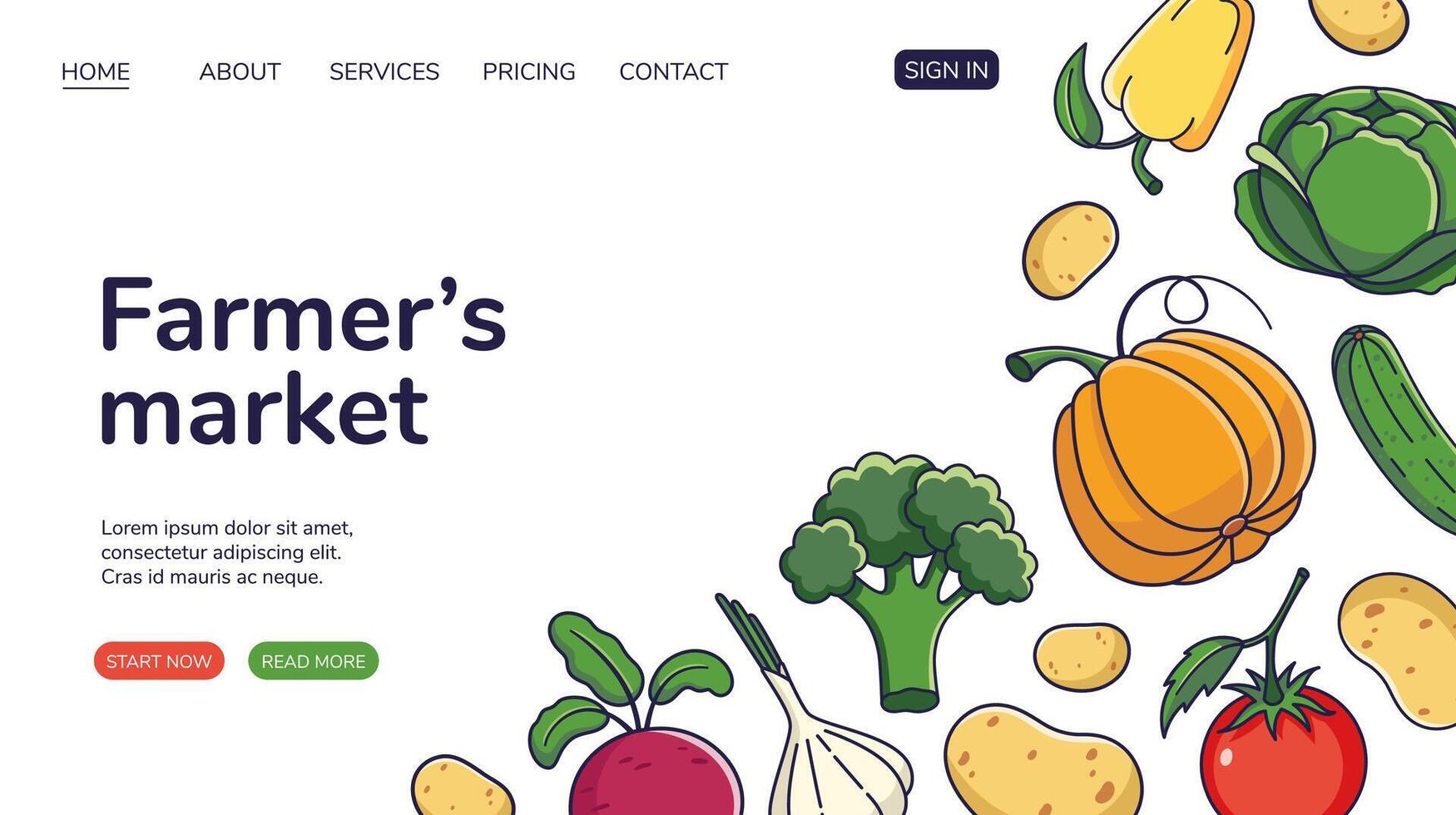 Farmers market Website, web page design with Cartoon vegetables. Cartoon style, Flat design. Farmers market concept. Organic vegetables vector