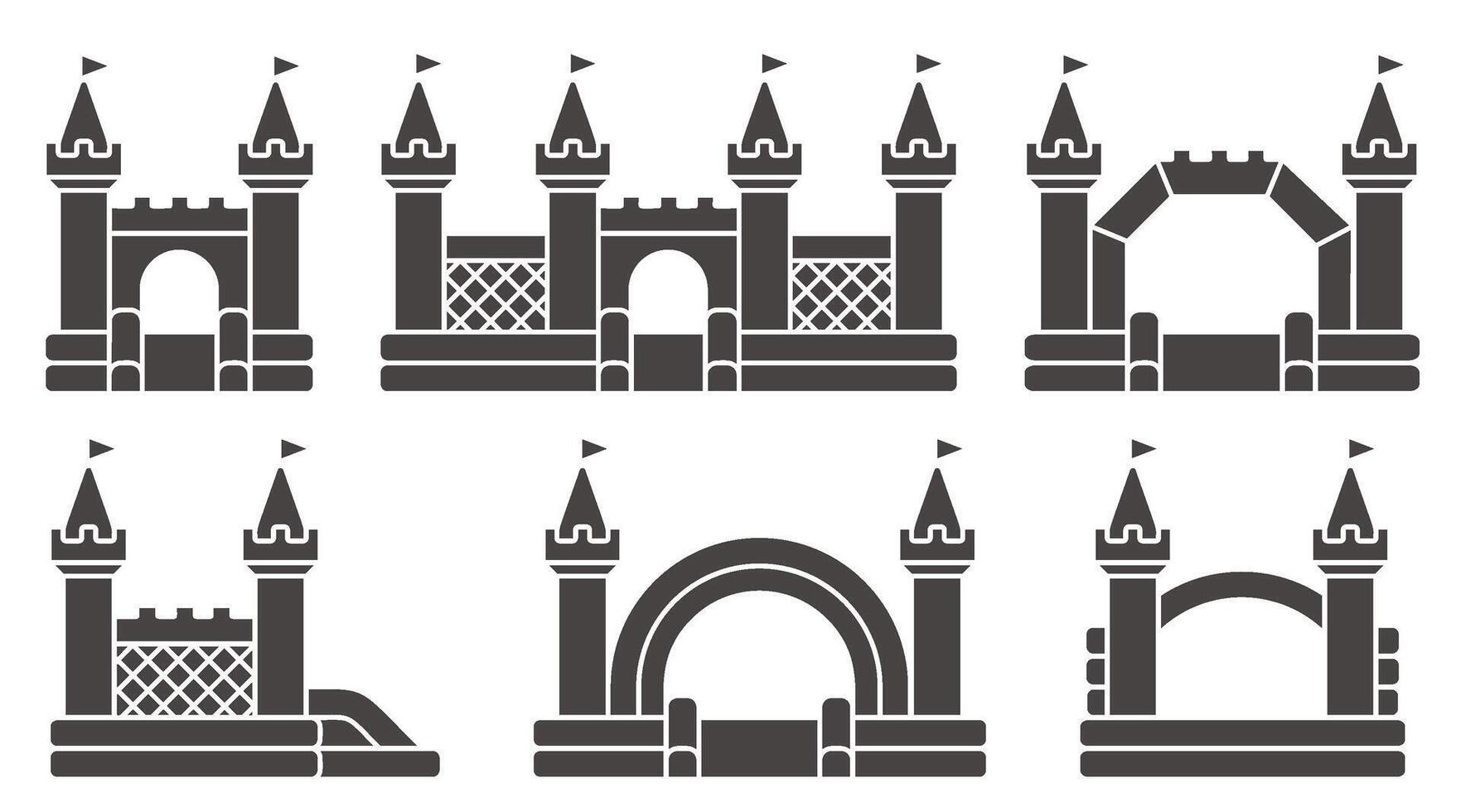 Bouncy castle icons set. Inflatable house pictograms with slide for air trampoline park and children playground. Inflated equipment for amusement park and kids zone. Glyph illustration vector