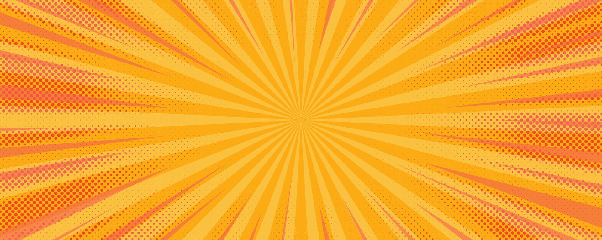 Comic yellow background. Orange pop art sunburst pattern. Retro explosion with halftone effect. Abstract superhero wallpaper vector