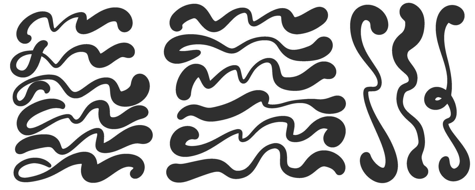 Squiggle curly lines set. Swoosh strokes and swirl hand drawn calligraphy swashes. Decorative doodle black paint shapes. Wavy flourishes on white background. vector