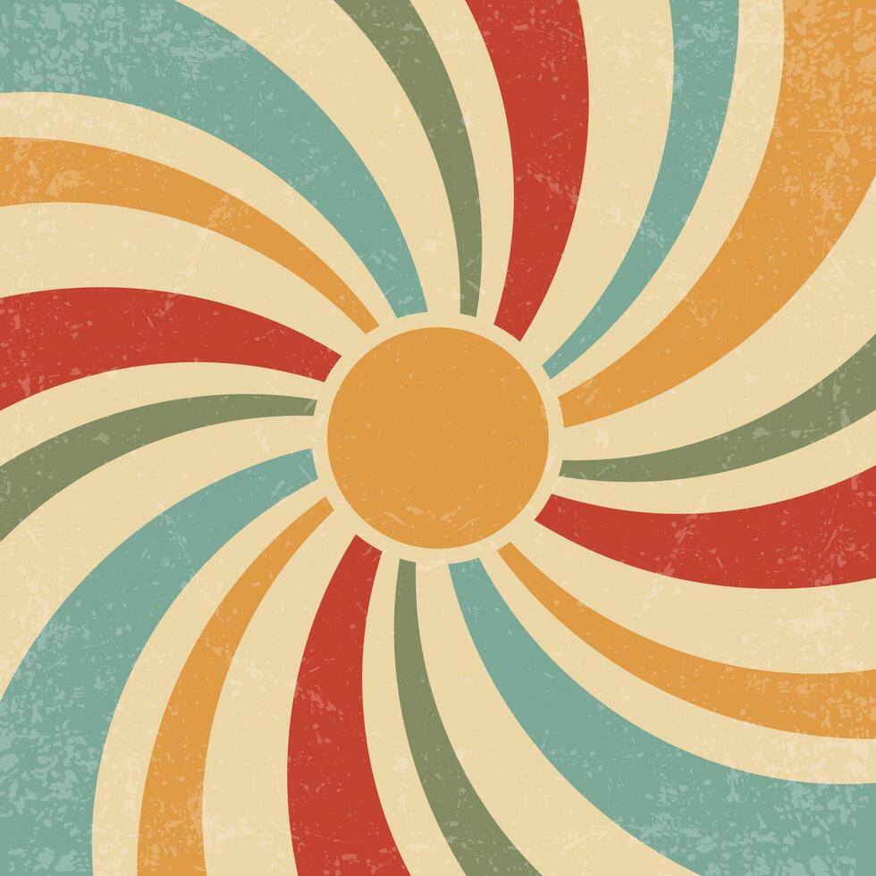 Retro sun background with wavy rays. Vintage 70s summer poster with groovy sunrise. Grunge texture illustration for banner and wallpaper vector