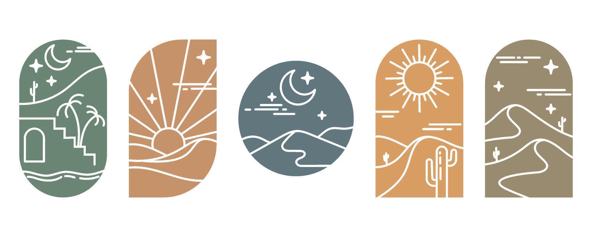Desert boho logo with sun and mountains. Abstract bohemian illustration with moon cactus and minimal landscape. Arch and windows shapes set. Design elements for poster and decoration vector