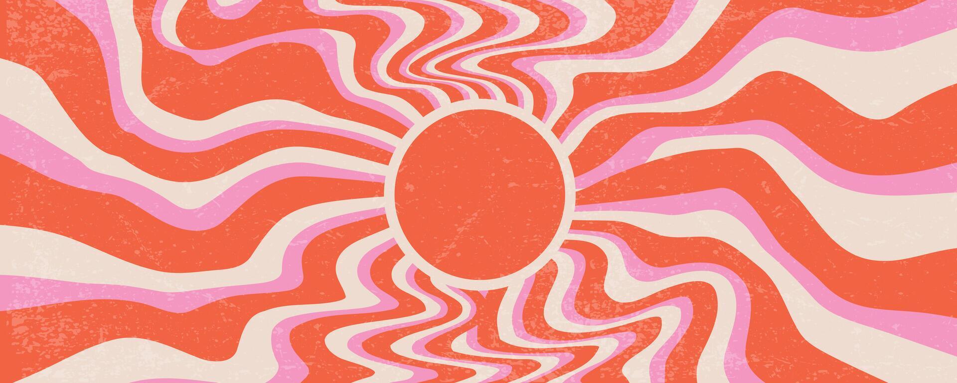 Sunrays retro background. Summer 70s poster. Abstract groovy design with grunge texture. Old paper banner with orange and pink spiral beams on yellow backdrop. vector