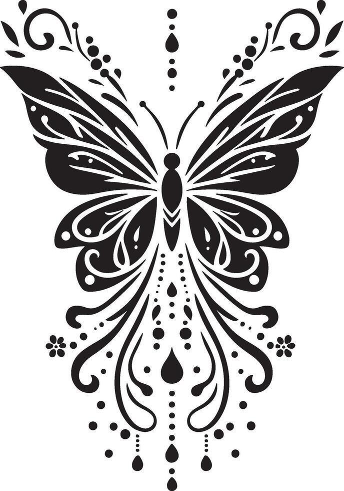 Butterfly motif single line drawing silhouette V collar silhouette for kameez , black and white, white background vector