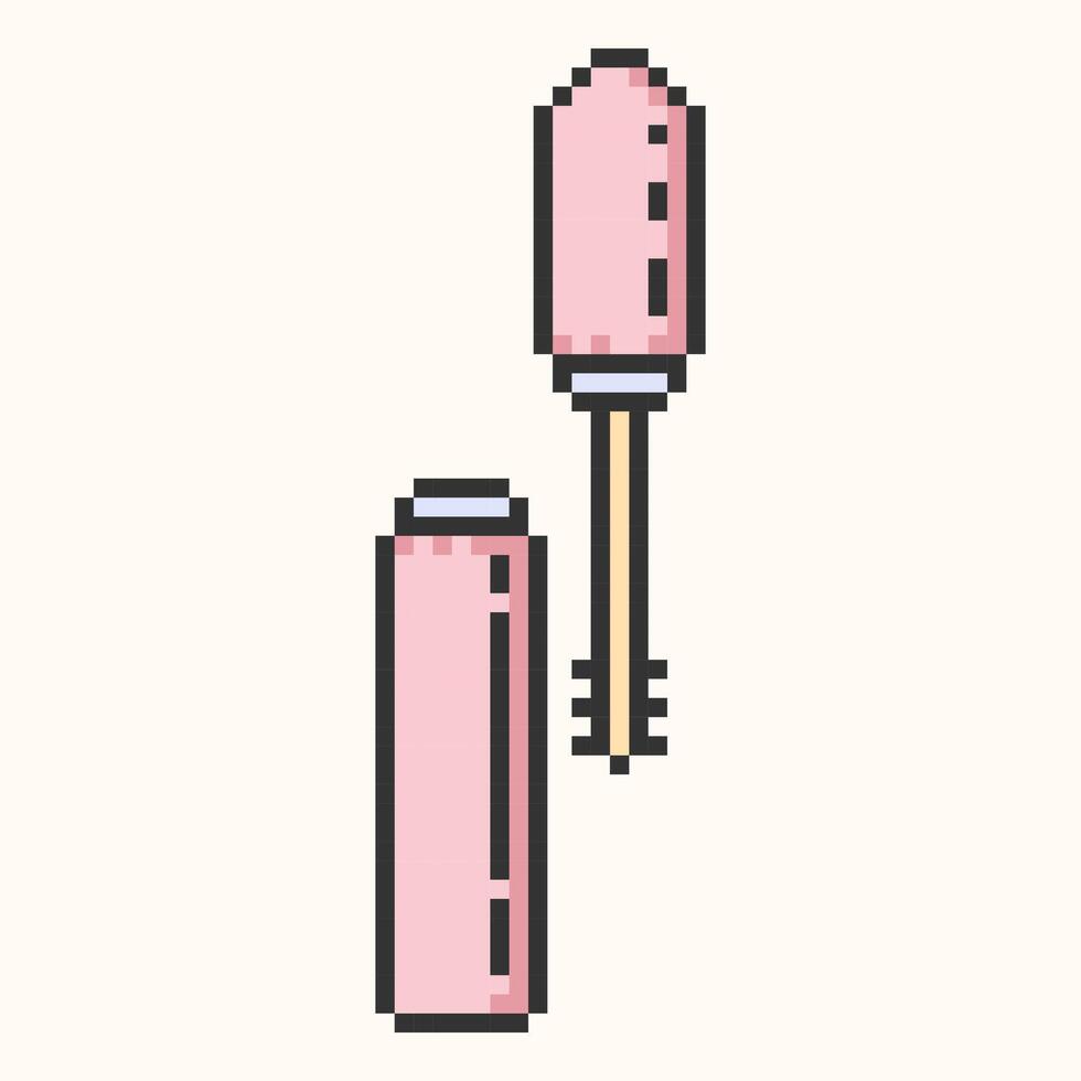 Tube of mascara icon pixel art.Open mascara with a brush.Mascara brush icon pixel art.Pixeleted sign for mobile concept and web design. illustration EPS 10 vector