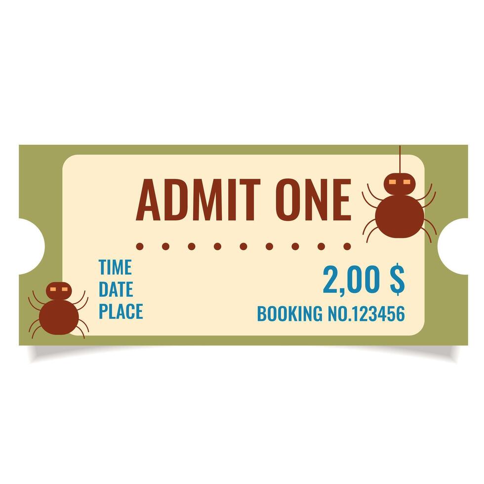Funny Halloween ticket. Admit one coupon template for Halloween Party.Paper ticket stub and entrance pass with Haloween symbols. illustration EPS 10 vector