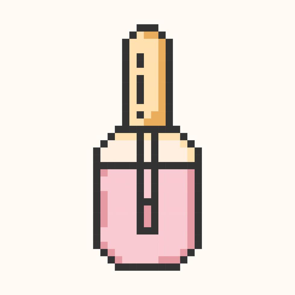 Nail Polish Manicure pixel art Icon.Hand manicure and nails care simple 8-bit symbol.Closed bottle with lid, brush on white background. illustration EPS 10 vector