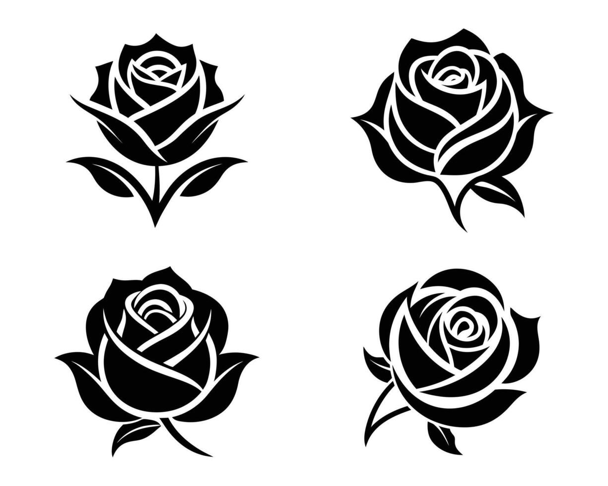 Set of black and white roses with leaves, combo Package collection, Logo Icon Silhouette Art illustration design vector