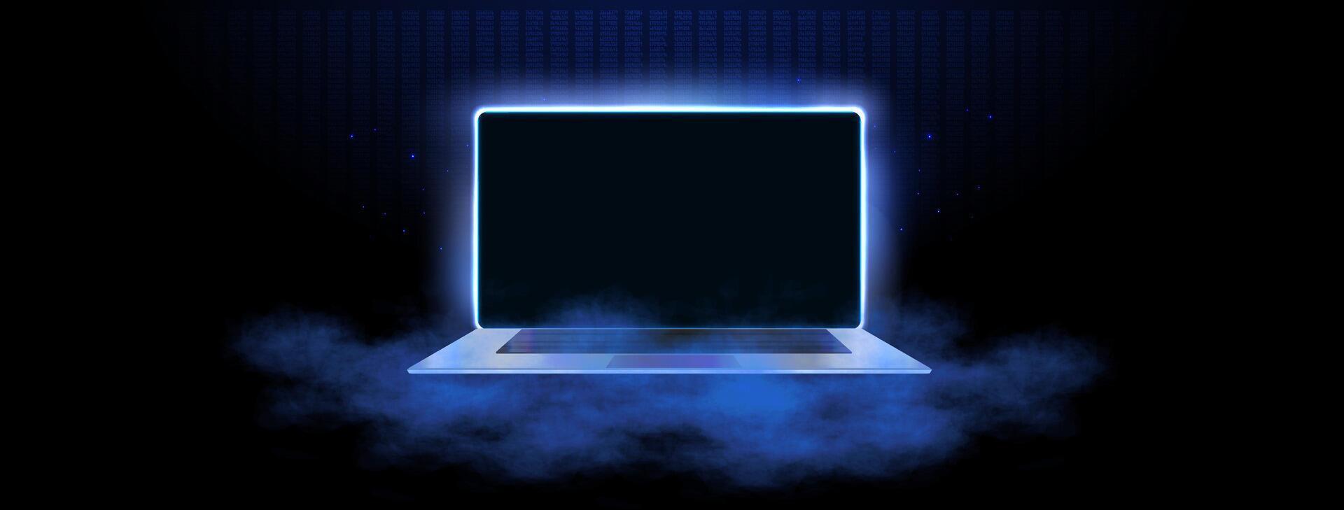 Illuminated Laptop Surrounded by Mist in a Darkened Environment at Night vector