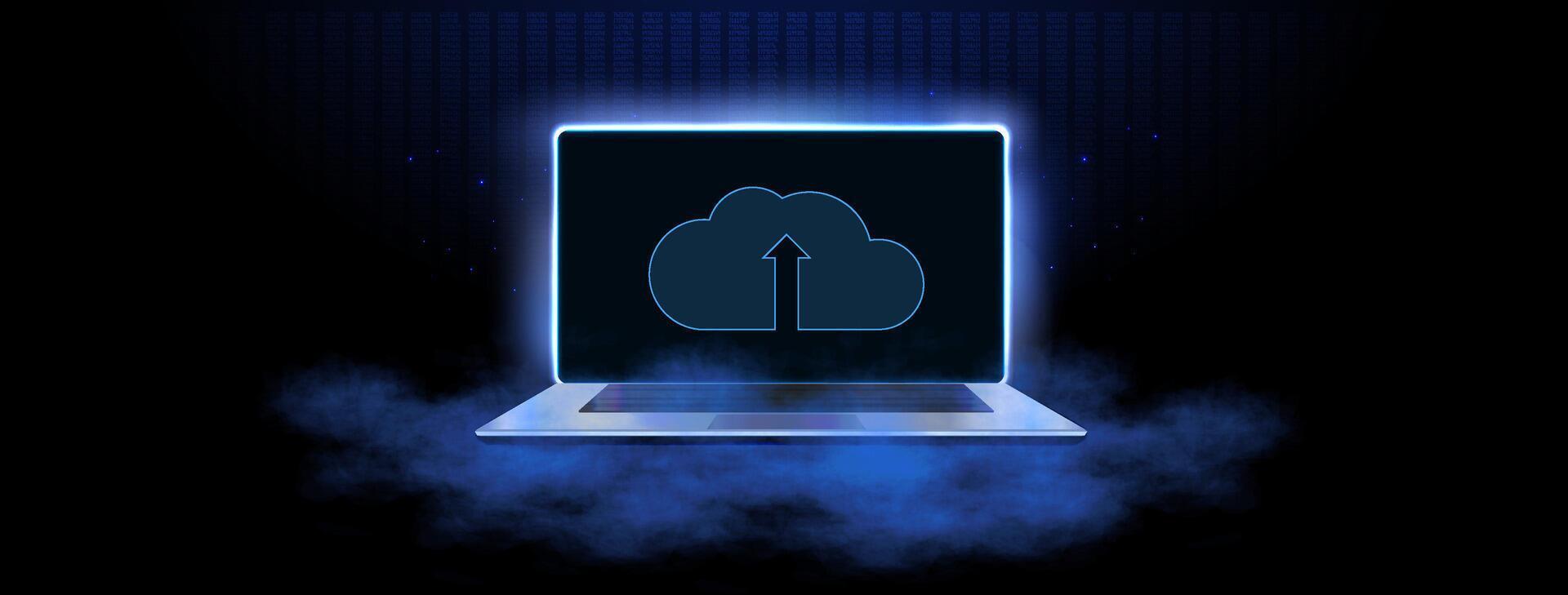 Modern Laptop Uploading Data to Cloud Storage in Dark Environment vector