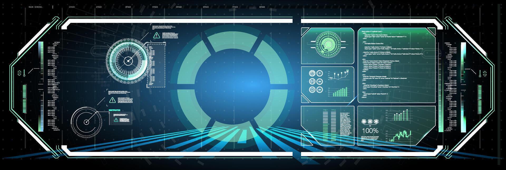 Futuristic Control Panel Displaying Data Analysis and Graphical User Interface Elements in a Tech Environment vector