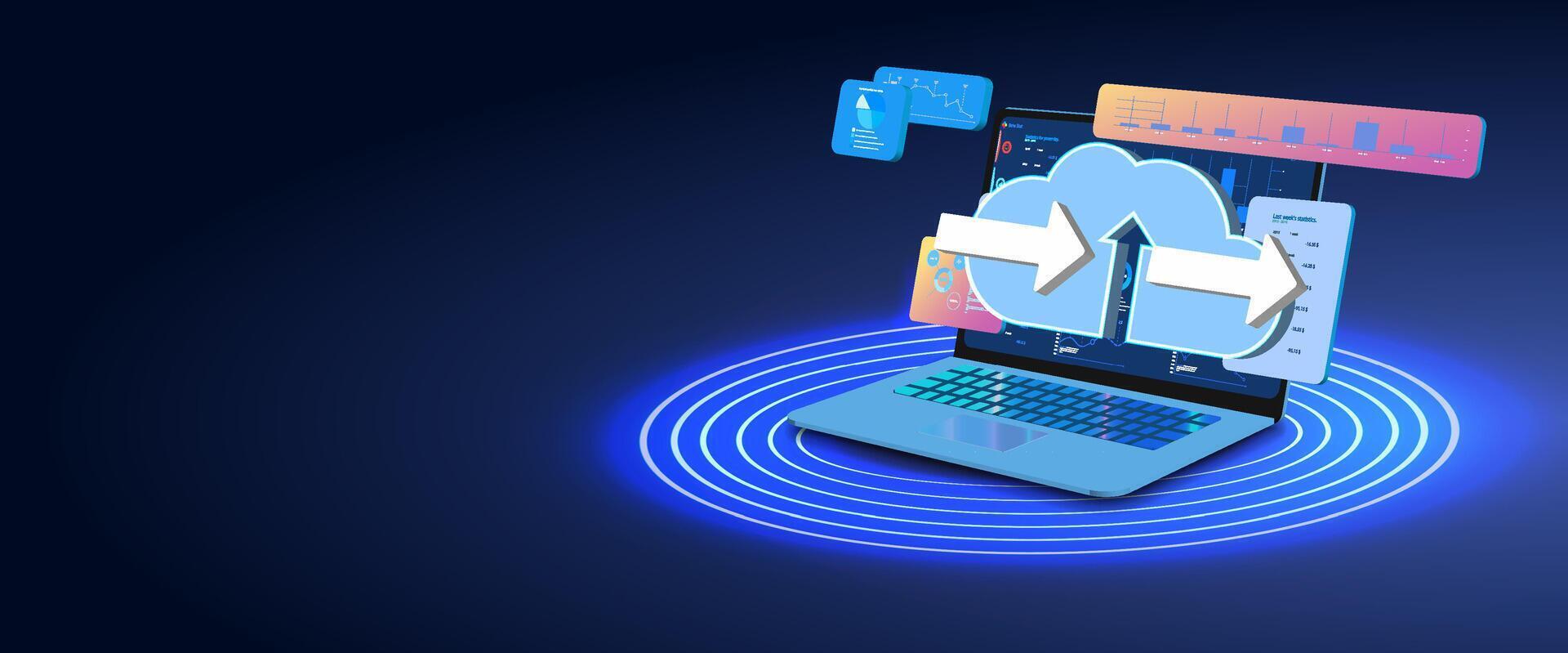 digital datos intercambiar ilustrando nube informática conceptos con ordenador portátil y interfaz elementos a noche vector