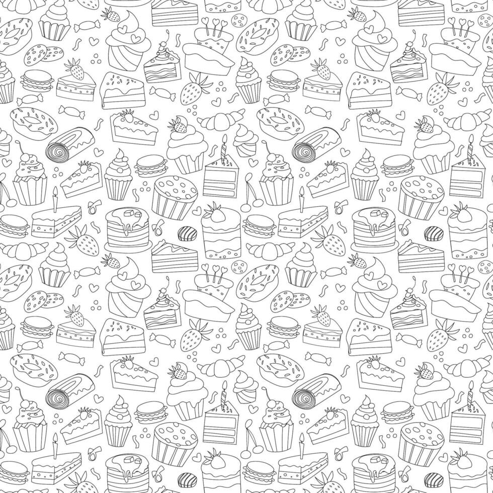 Sweets cakes, dessert seamless pattern, donuts, muffins, pancakes, cookies. Sweet background in black and white in doodle style. vector
