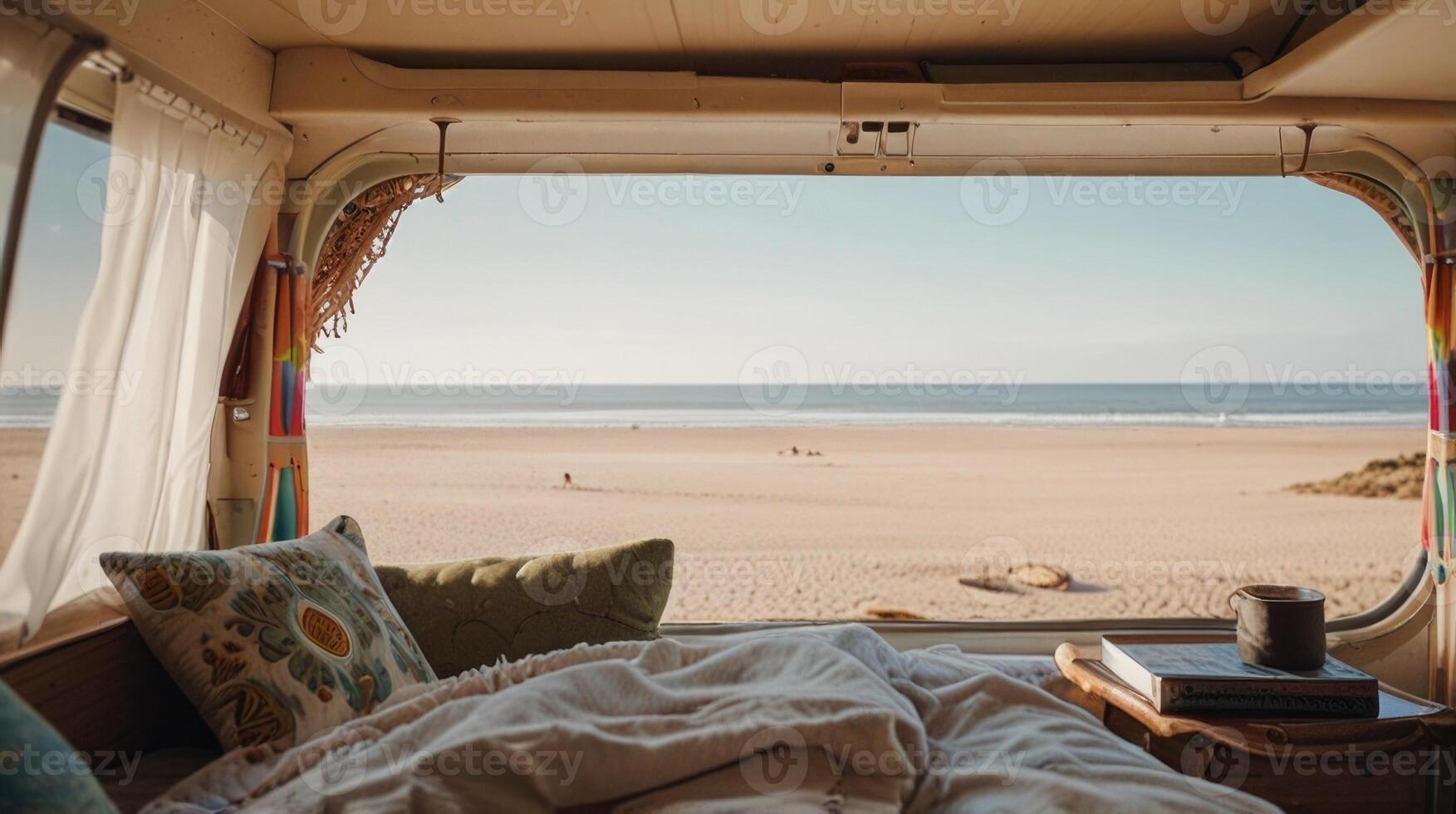 a camper van with a bed and pillows on the beach photo